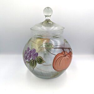 American Atelier POMPEII FRUIT Hand Painted Crackle Glass Cookie Jar w Lid 11"